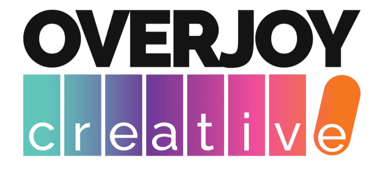 Overjoy-Creative-Logo-2-black-font-768x343-1 Logo design featuring the words 'OVERJOY Creative.' The word 'OVERJOY' is bold in black capital letters at the top. Below, the word 'creative' is written in lowercase letters, each letter placed within a vertical rectangle. These rectangles form a gradient transitioning from teal on the left to orange on the right, with shades of blue, purple, and pink in between. The letter 'e' at the end of 'creative' is slightly curved, matching the rounded design of the orange rectangle.